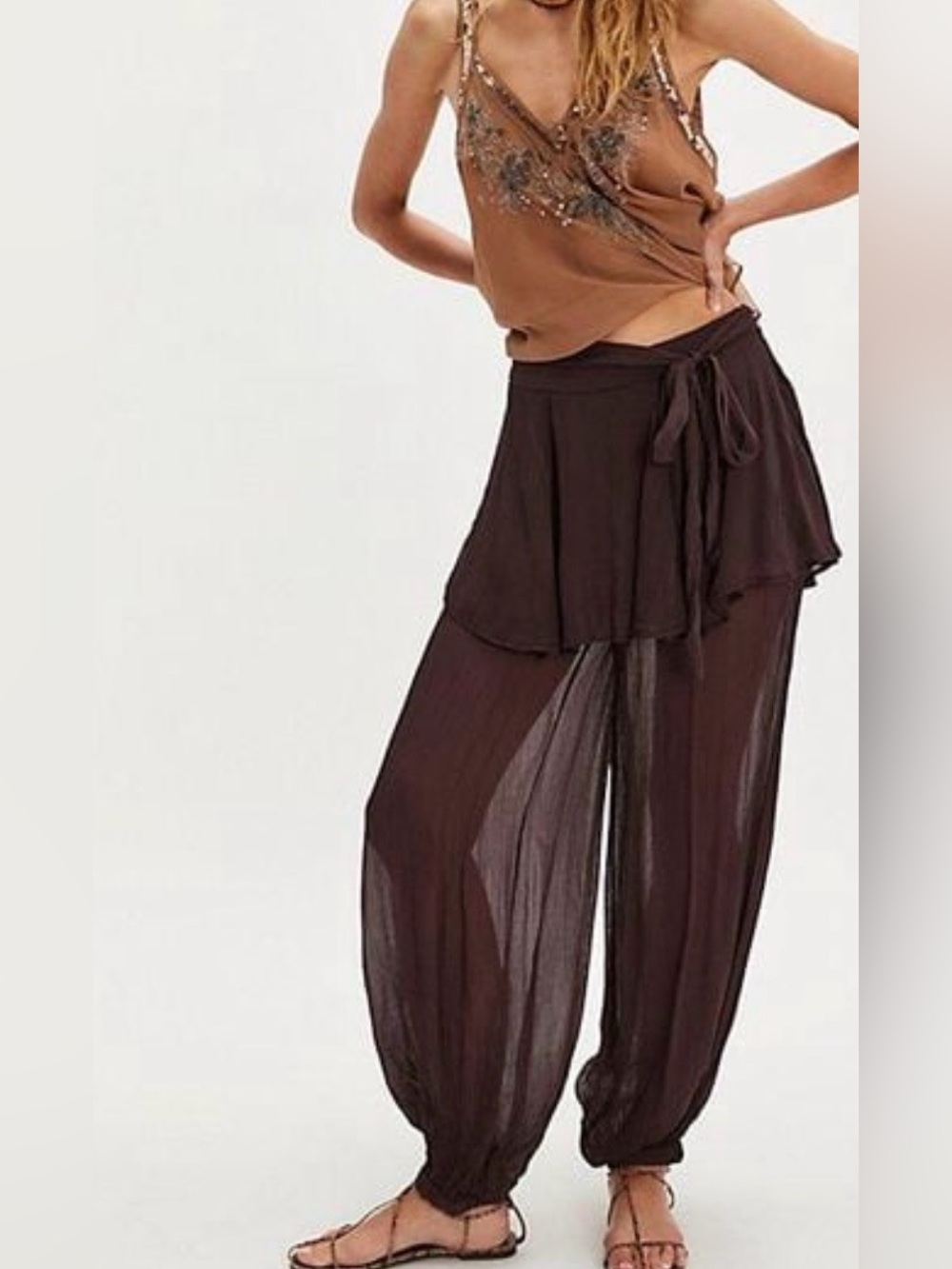 NWOT Free People Tongue Tied Sheer Balloon Pants- brown
